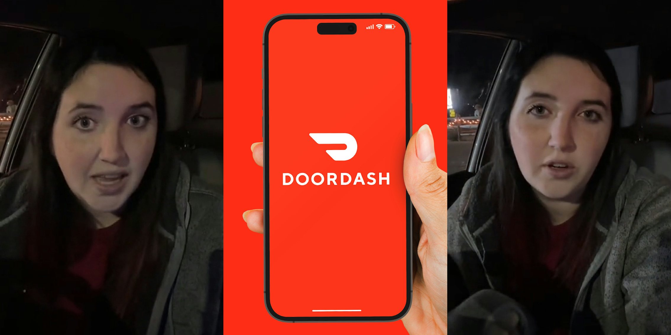 DoorDash employee speaking in car (l) Doordash on phone in hand in front of red background (c) DoorDash employee speaking in car (r)