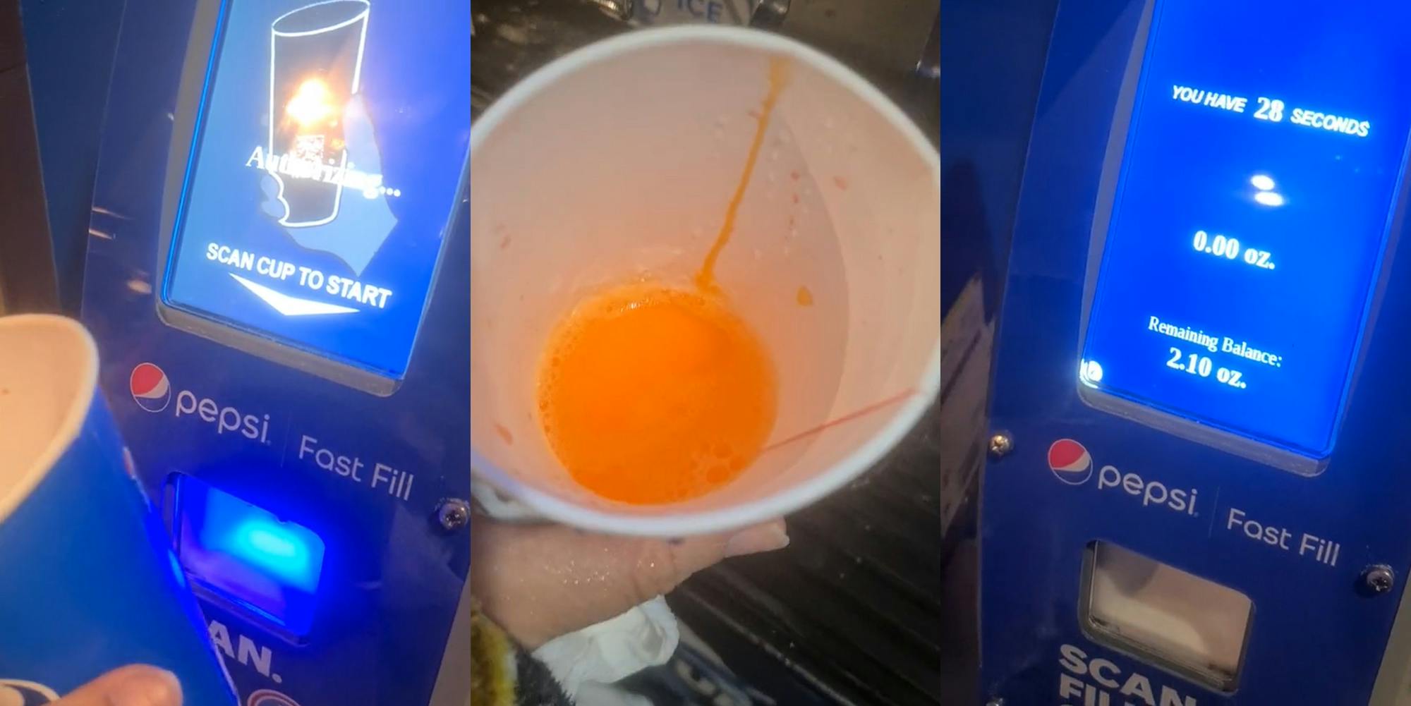 person holding Pepsi cup up to machine to scan QR code (l) cut with small amount of orange soda poured inside from soda dispenser (c) Pepsi Fast Fill machine with screen reading "YOU HAVE 28 SECONDS" (r)