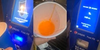 person holding Pepsi cup up to machine to scan QR code (l) cut with small amount of orange soda poured inside from soda dispenser (c) Pepsi Fast Fill machine with screen reading 