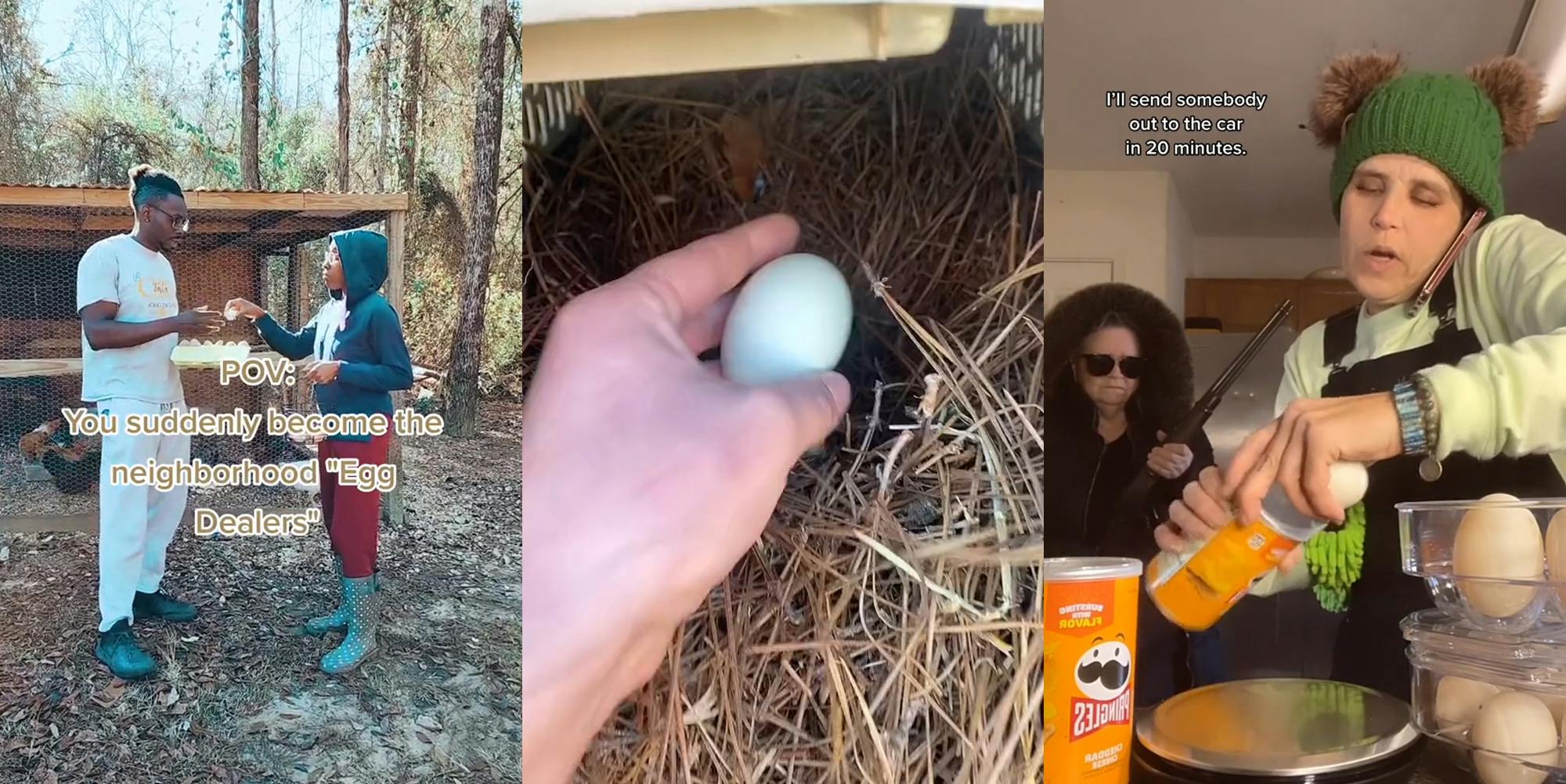 People outside holding eggs in front of chicken coop caption "POV: You suddenly become a neighborhood "egg trader"" (l) Person grabbing an egg from the chicken coop (c) Person on the phone holding an egg while another person stands behind with a gun and caption "I'll send someone to the car in 20 minutes." (r)