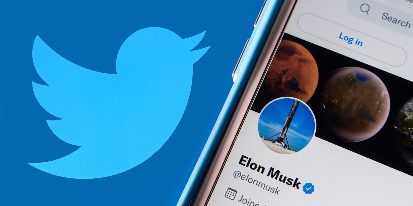 Elon Musk Twitter account on phone screen with Twitter logo on left