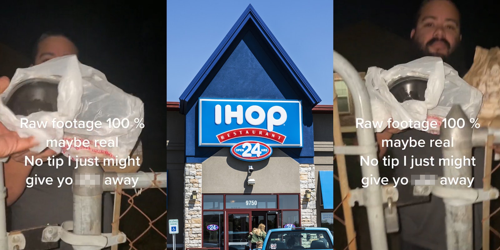 delivery driver handing man food over fence with caption 'Raw footage 100% maybe real No tip I might just give yo blank away' (l) IHOP sign on building (c) man holding food over fence with caption 'Raw footage 100% maybe real No tip I might just give yo blank away' (r)