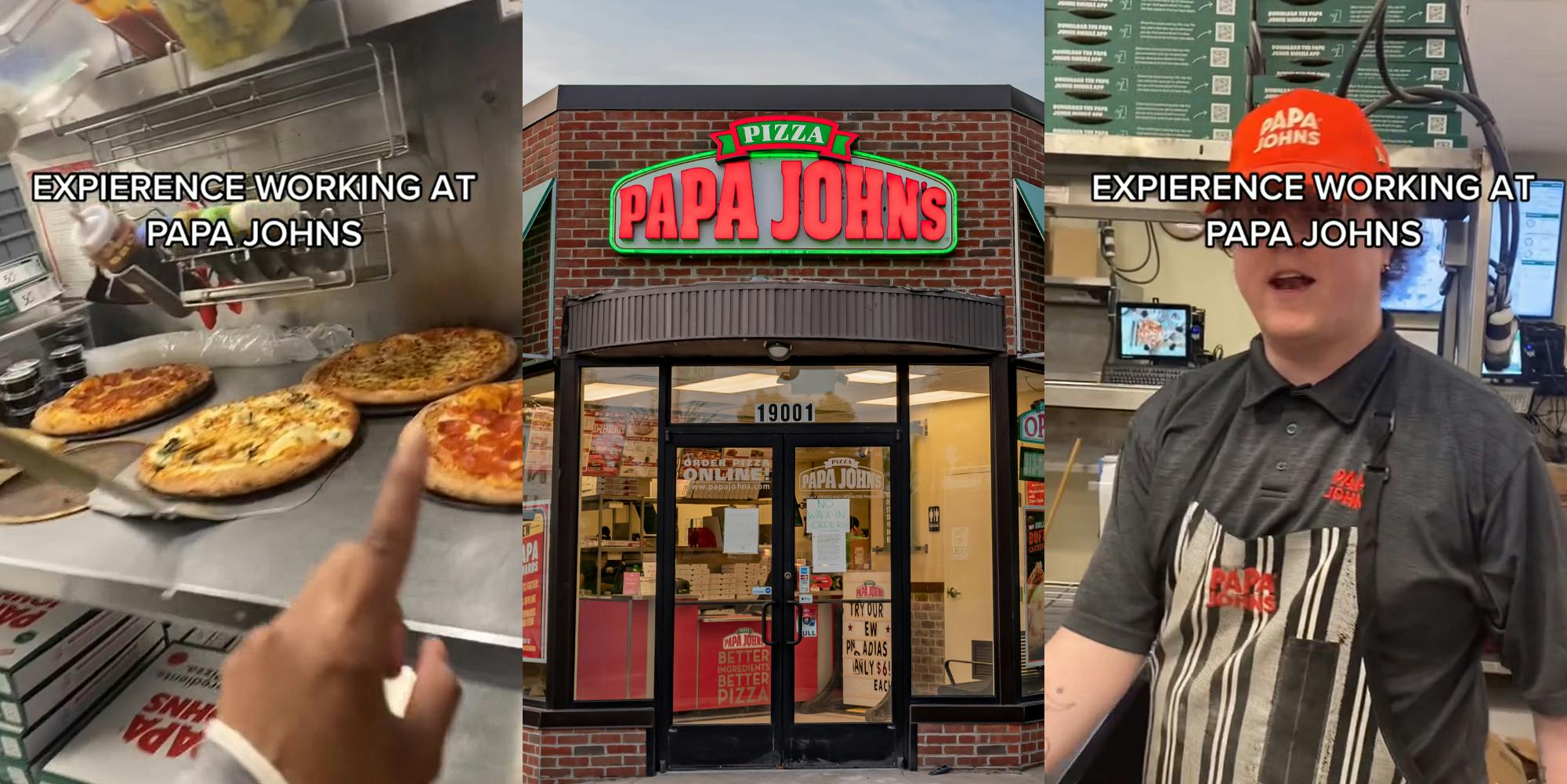 Papa John's worker pointing at pizzas with caption "EXPERIENCE WORKING AT PAPA JOHNS" (l) Papa John's building with sign (c) Papa John's manager speaking with caption "EXPERIENCE WORKING AT PAPA JOHNS" (r)