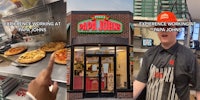 Papa John's worker pointing at pizzas with caption 