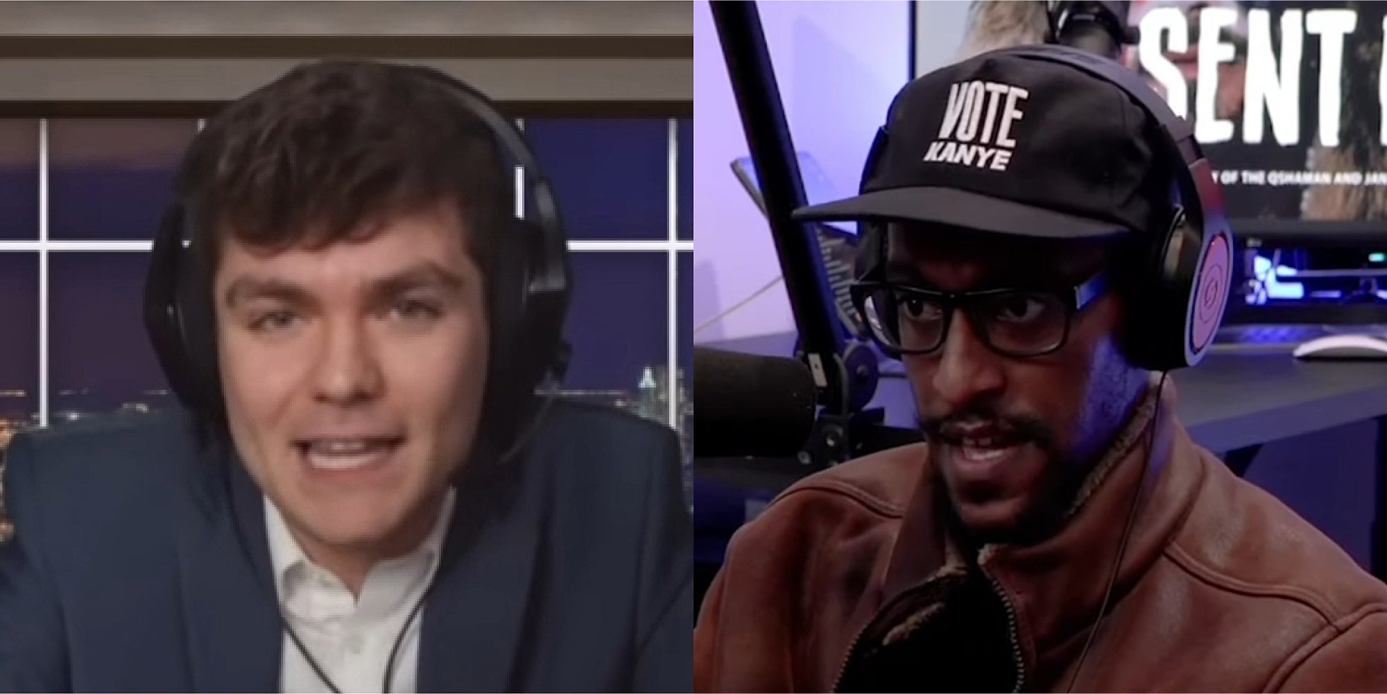 Nick Fuentes speaking with headphones on (l) Ali Alexander speaking with headphones on (r)