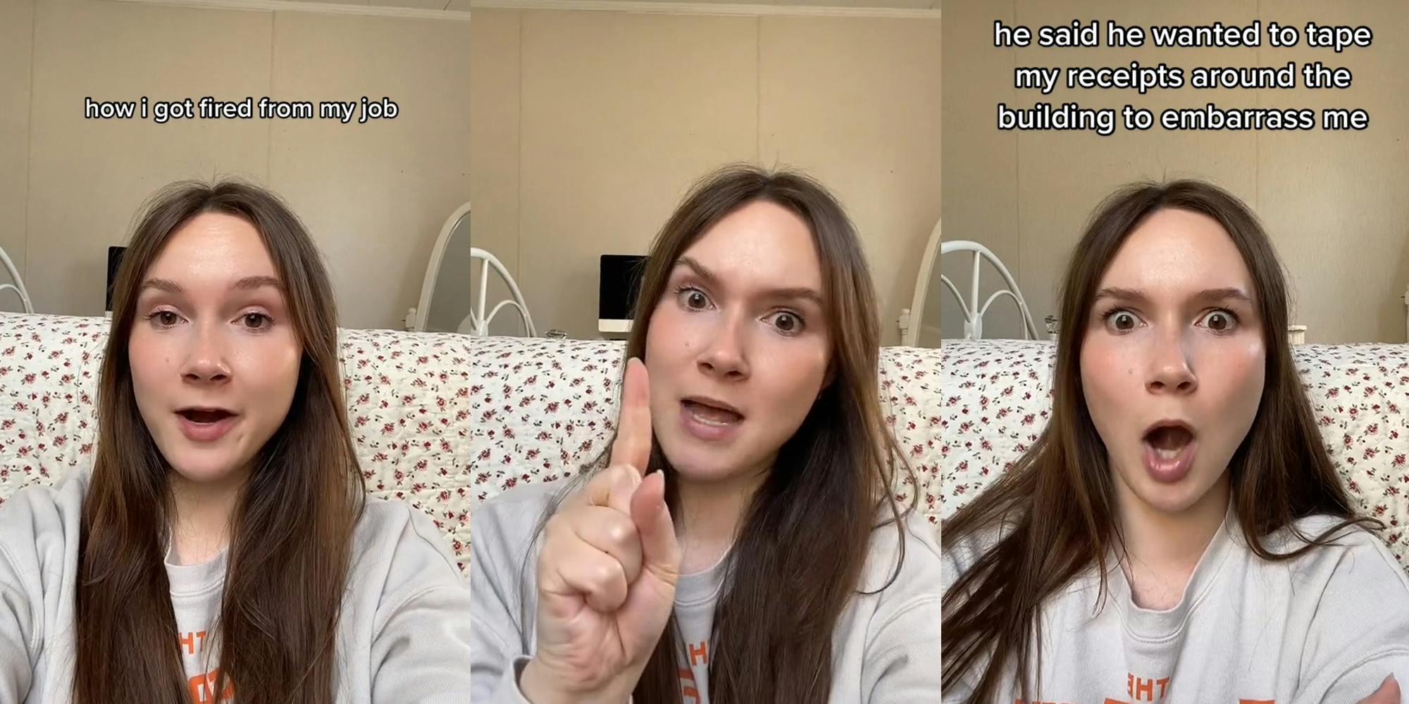 woman speaking on couch caption "how i got fired from my job" (l) woman speaking on couch pointing finger up (c) woman speaking on couch caption "he said he wanted to tape my receipts around the building to embarrass me" (r)