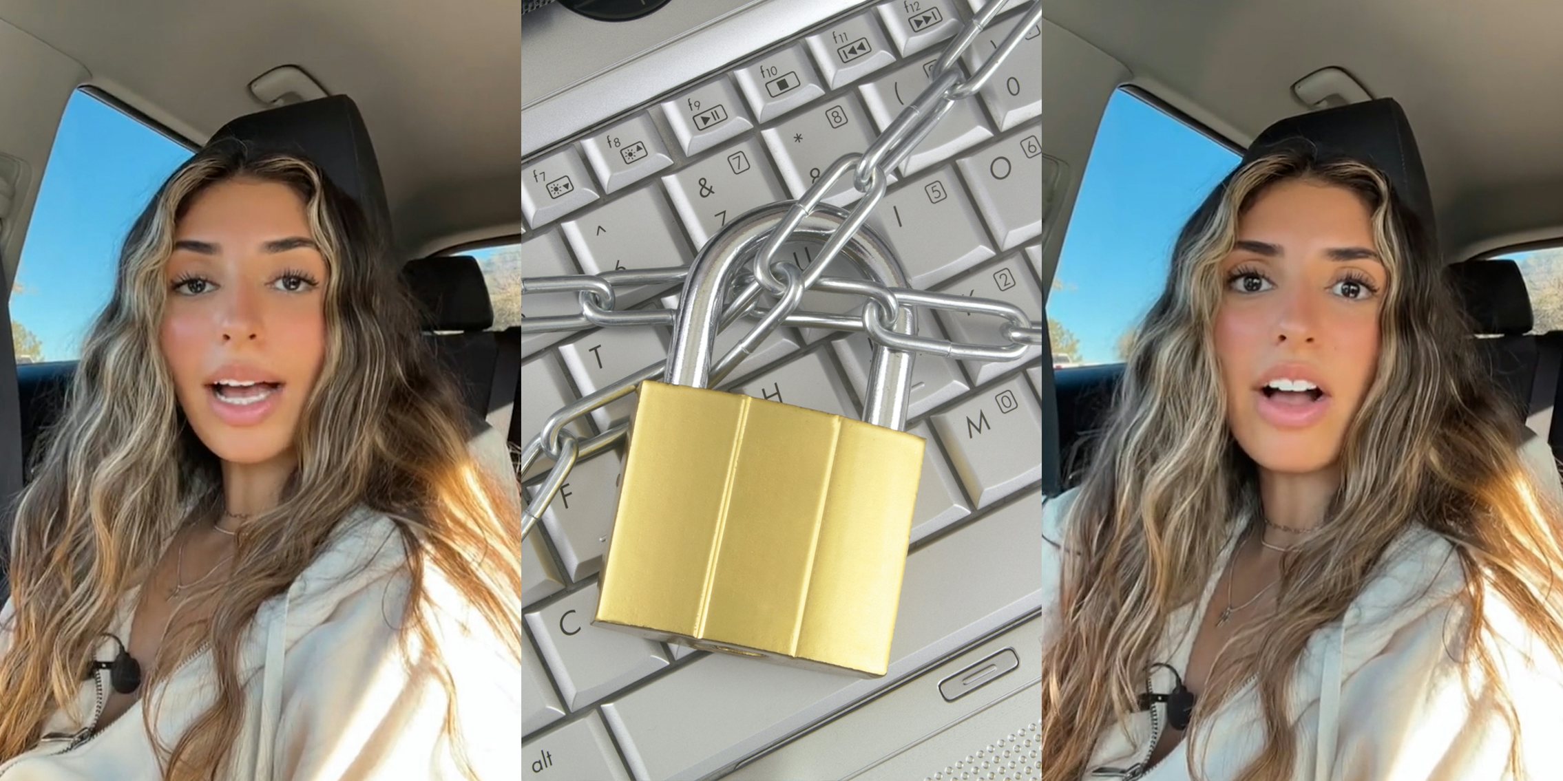woman speaking in car (l) laptop keyboard with chains and lock (c) woman speaking in cat (r)