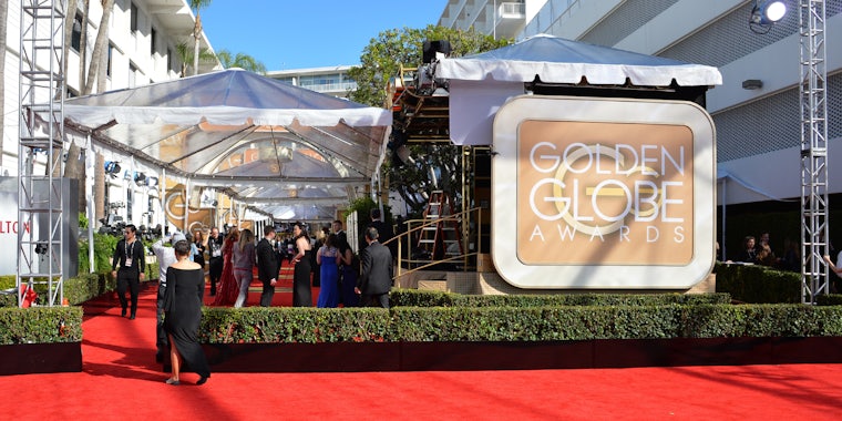 Golden Globe Awards at The Beverly Hilton Hotel, Los Angeles with sign and people walking