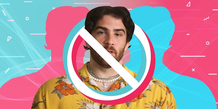 Hasan Piker in front of blue to pink gradient background Passionfruit Remix