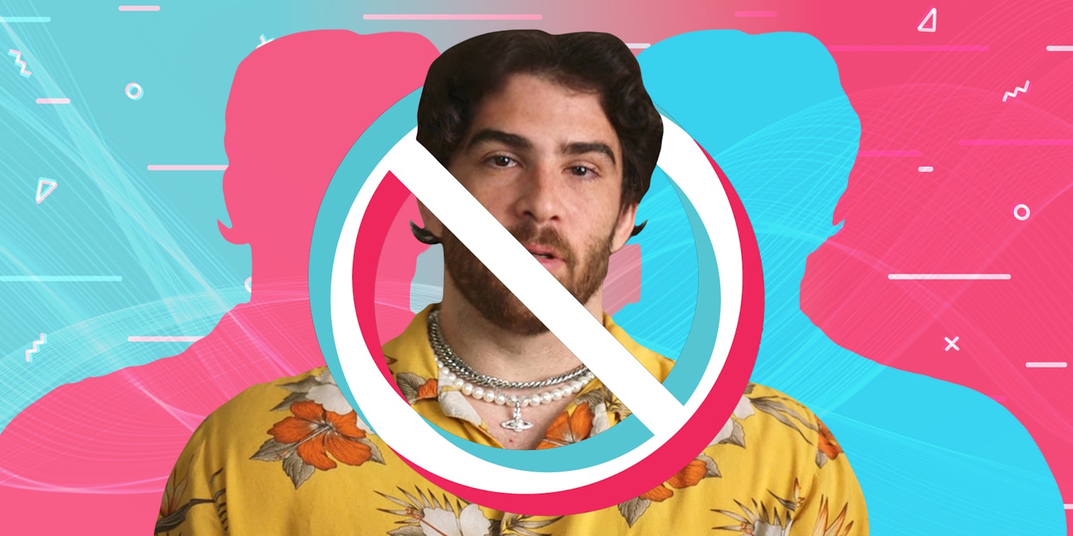 Hasan Piker in front of blue to pink gradient background Passionfruit Remix