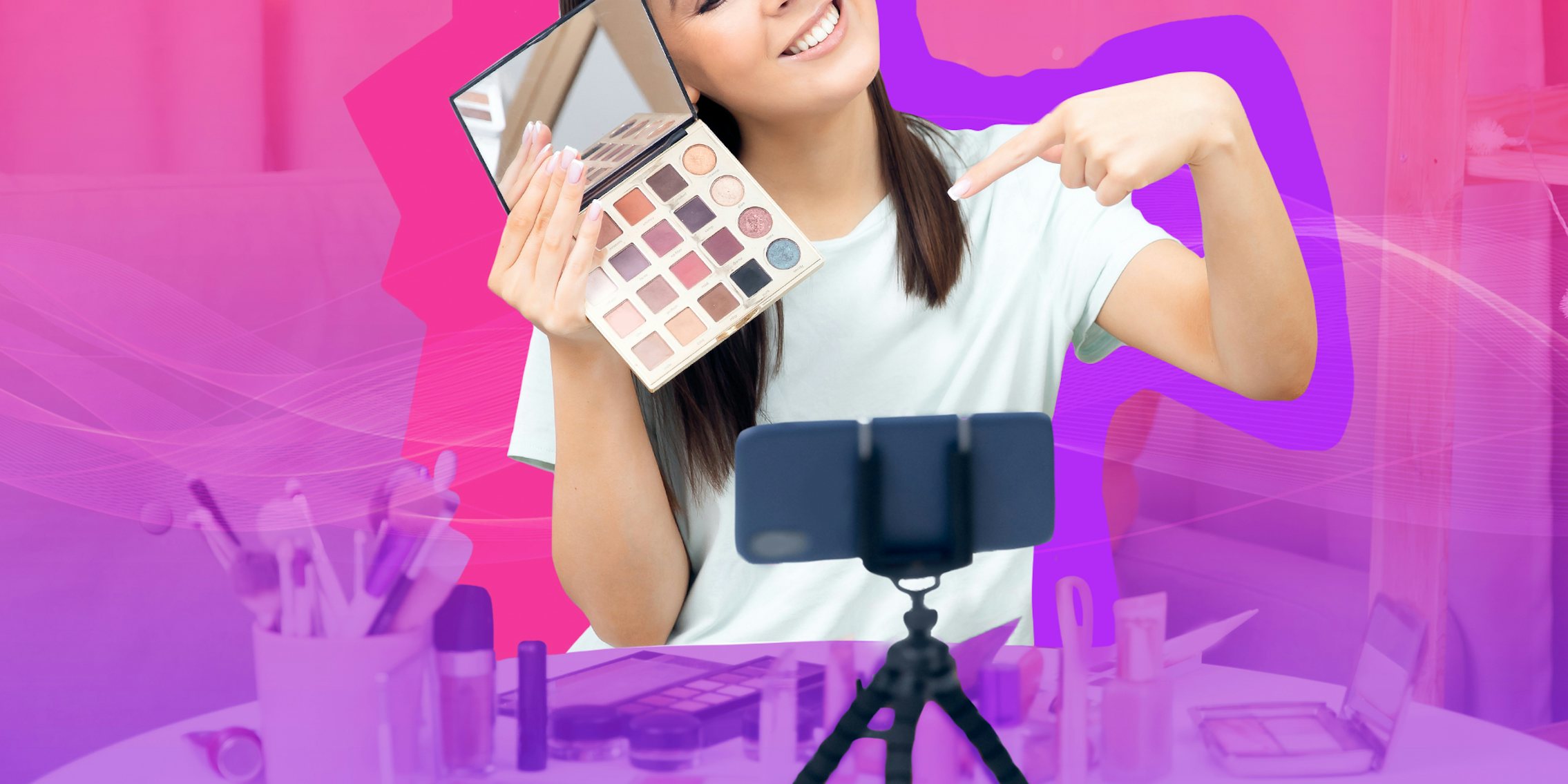 influencer recording on phone holding makeup in front of pink to purple vertical gradient background Passionfruit Remix