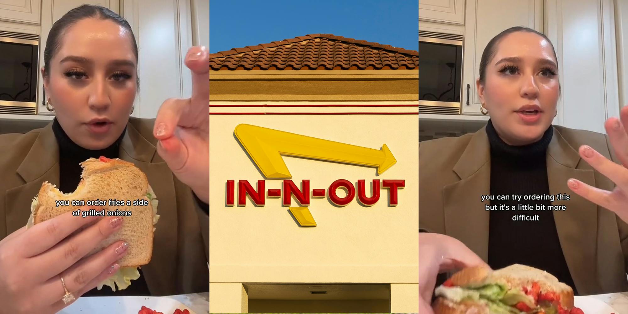 former IN-N-Out worker speaking while eating sandwich with caption "you can order fries a side of grilled onions" (l) In-N-Out sign on building (c) former IN-N-Out worker speaking while eating sandwich with caption "you can try ordering this but it's a little bit more difficult" (r)