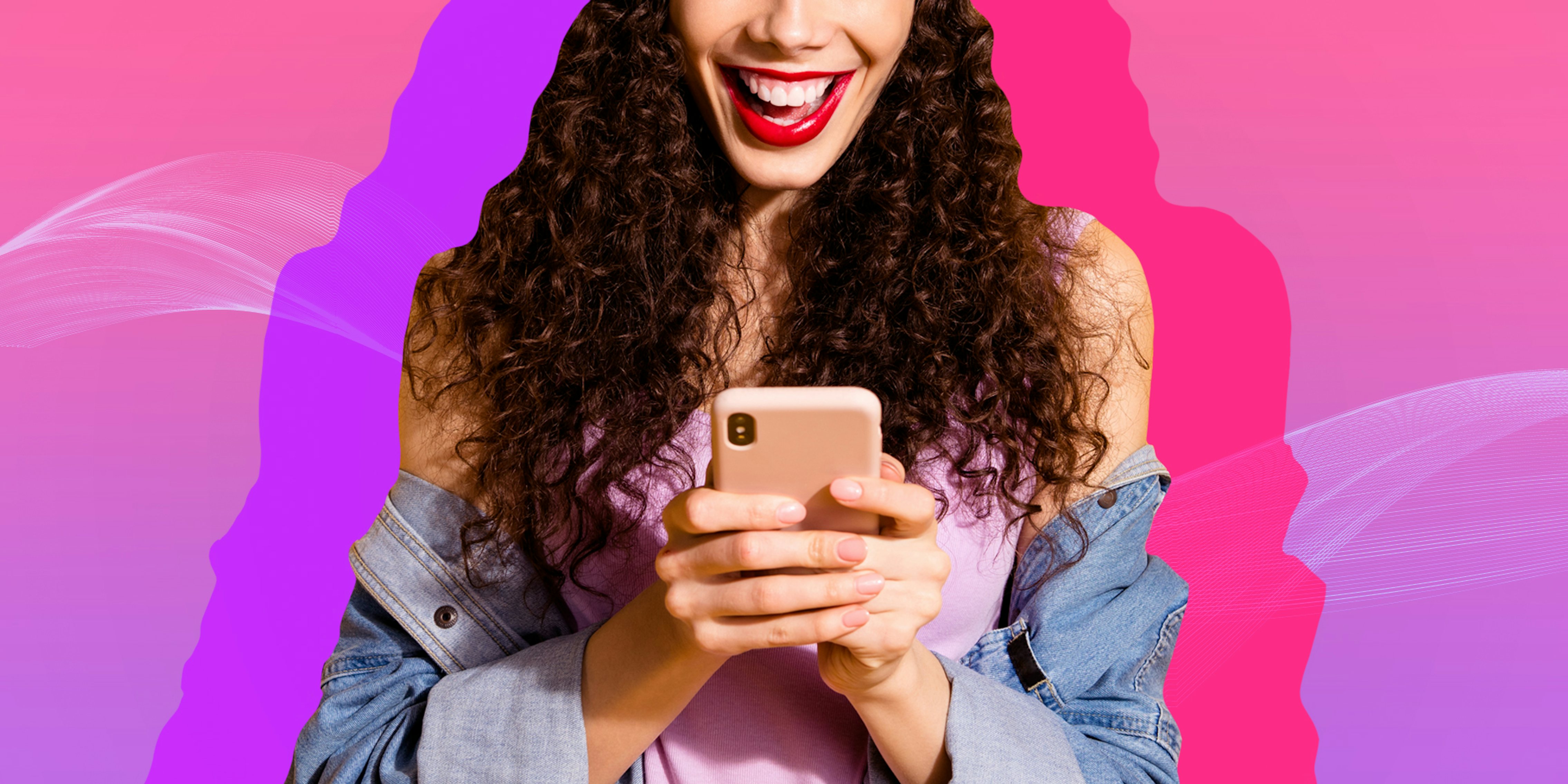 woman holding phone in front of pink to purple vertical gradient background Passionfruit Remix