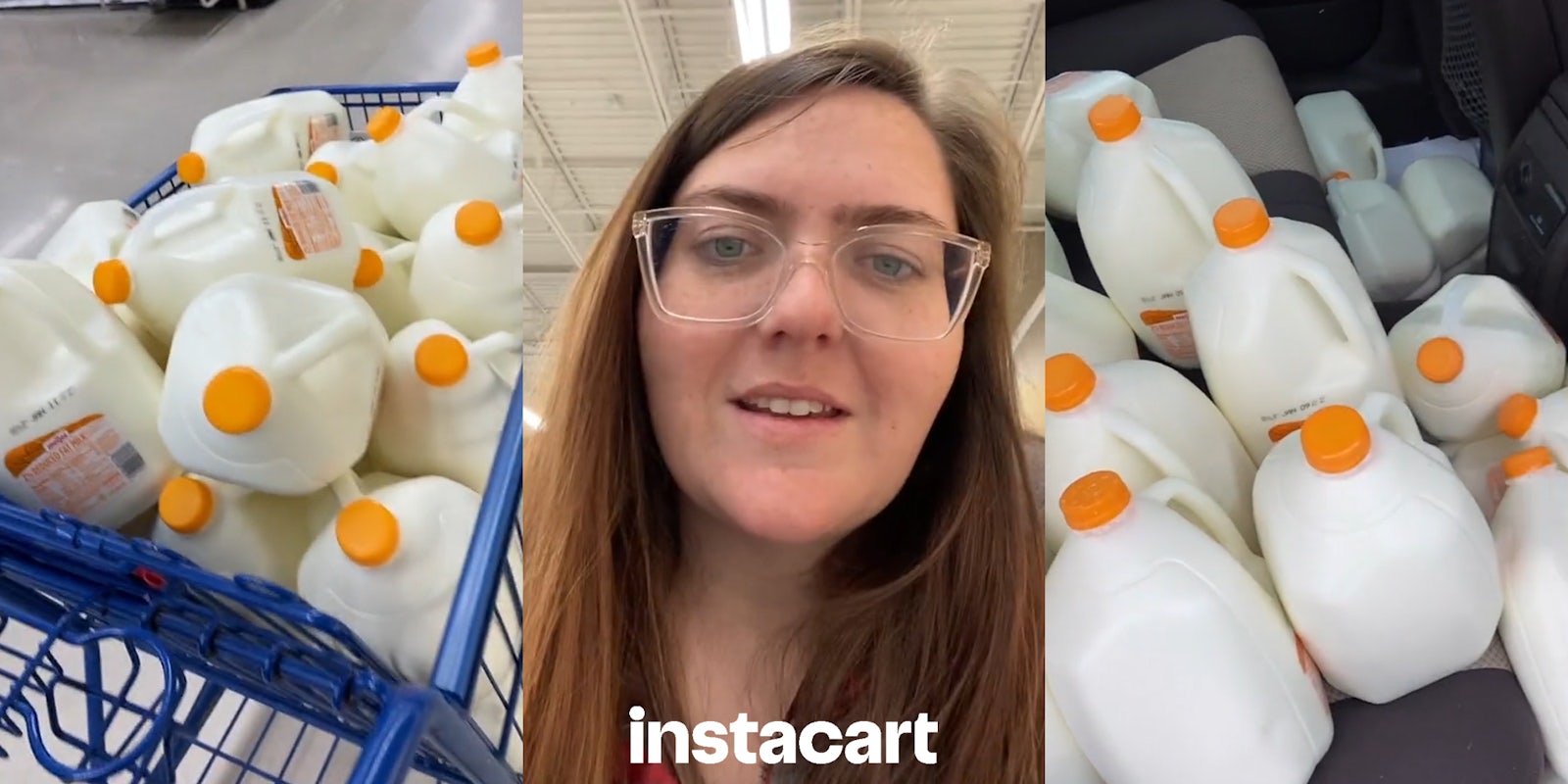 30 gallons of milk in shopping cart (l) Instacart shopper speaking with Instacart logo at bottom (c) 30 gallons of milk in back seats of car (r)