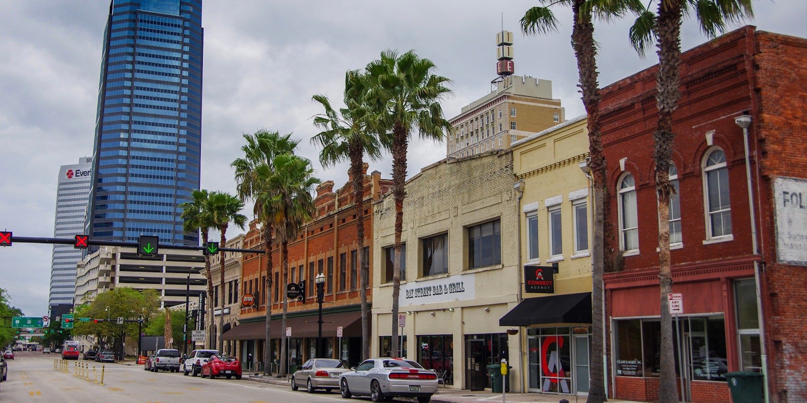 Jacksonville Florida architecture and palm trees with street