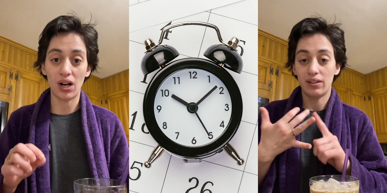 person speaking in front of wooden design cabinets (l) clock in front of calendar (c) person speaking in front of wooden design cabinets counting talking points on fingers (r)