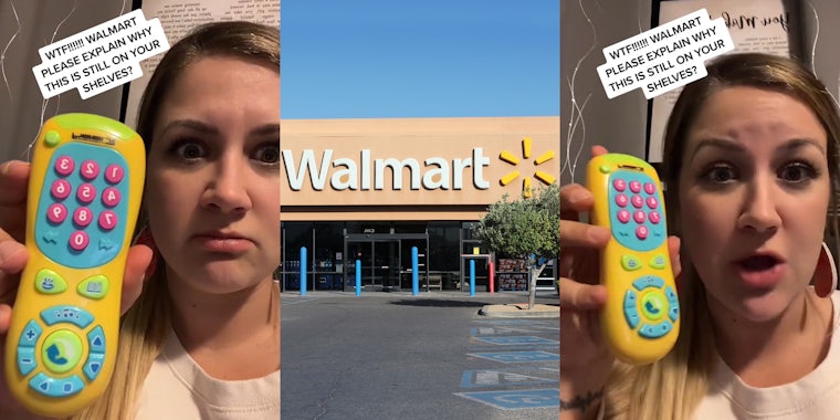 woman holding children toy remote caption 'WTF!!!!!! WAL,ART PLEASE EXPLAIN WHY THIS IS STILL ON YOUR SHELVES' (l) Walmart sign on building with blue sky and parking lot (c) woman holding children toy remote caption 'WTF!!!!!! WAL,ART PLEASE EXPLAIN WHY THIS IS STILL ON YOUR SHELVES' (r)