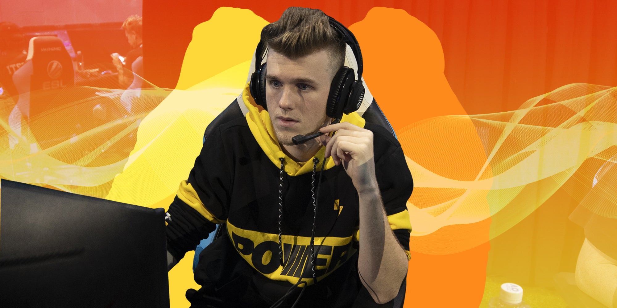 Lachlan Power playing on PC in front of orange to yellow vertical gradient background Passionfruit remix