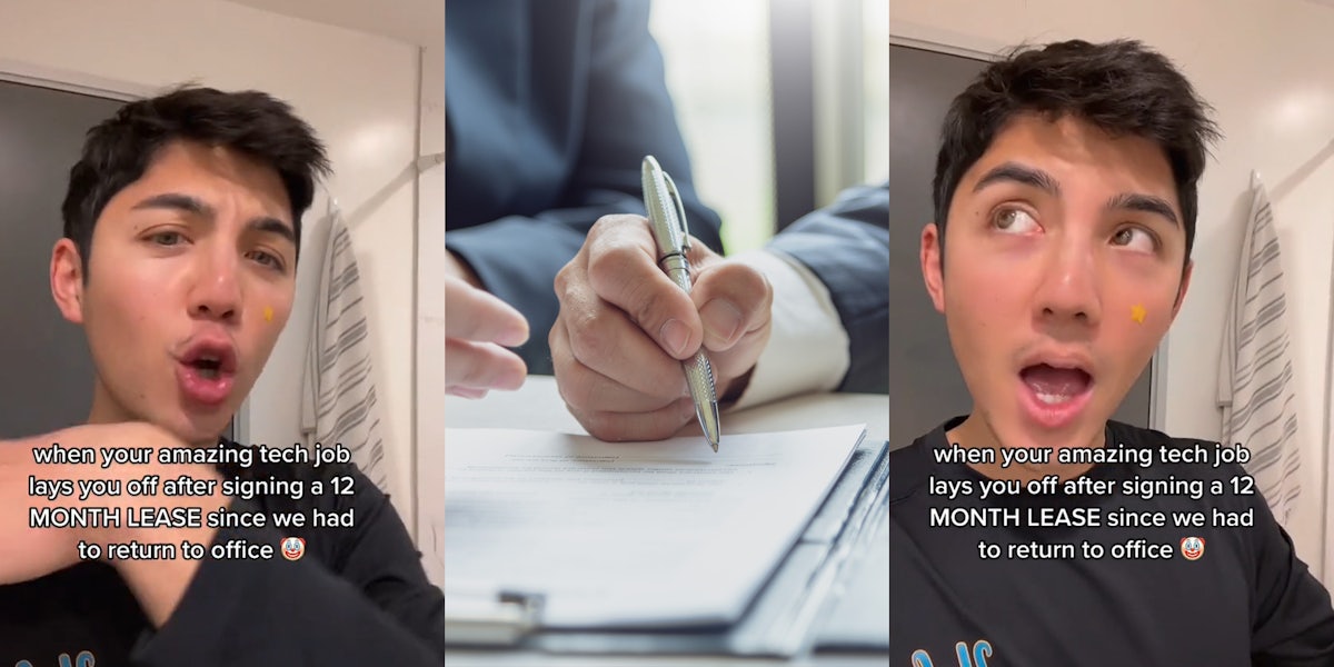man speaking with caption 'when your amazing tech job lays you off after signing a 12 MONTH LEASE since we had to return to office' (l) man signing paper in office (c) man speaking with caption 'when your amazing tech job lays you off after signing a 12 MONTH LEASE since we had to return to office' (r)