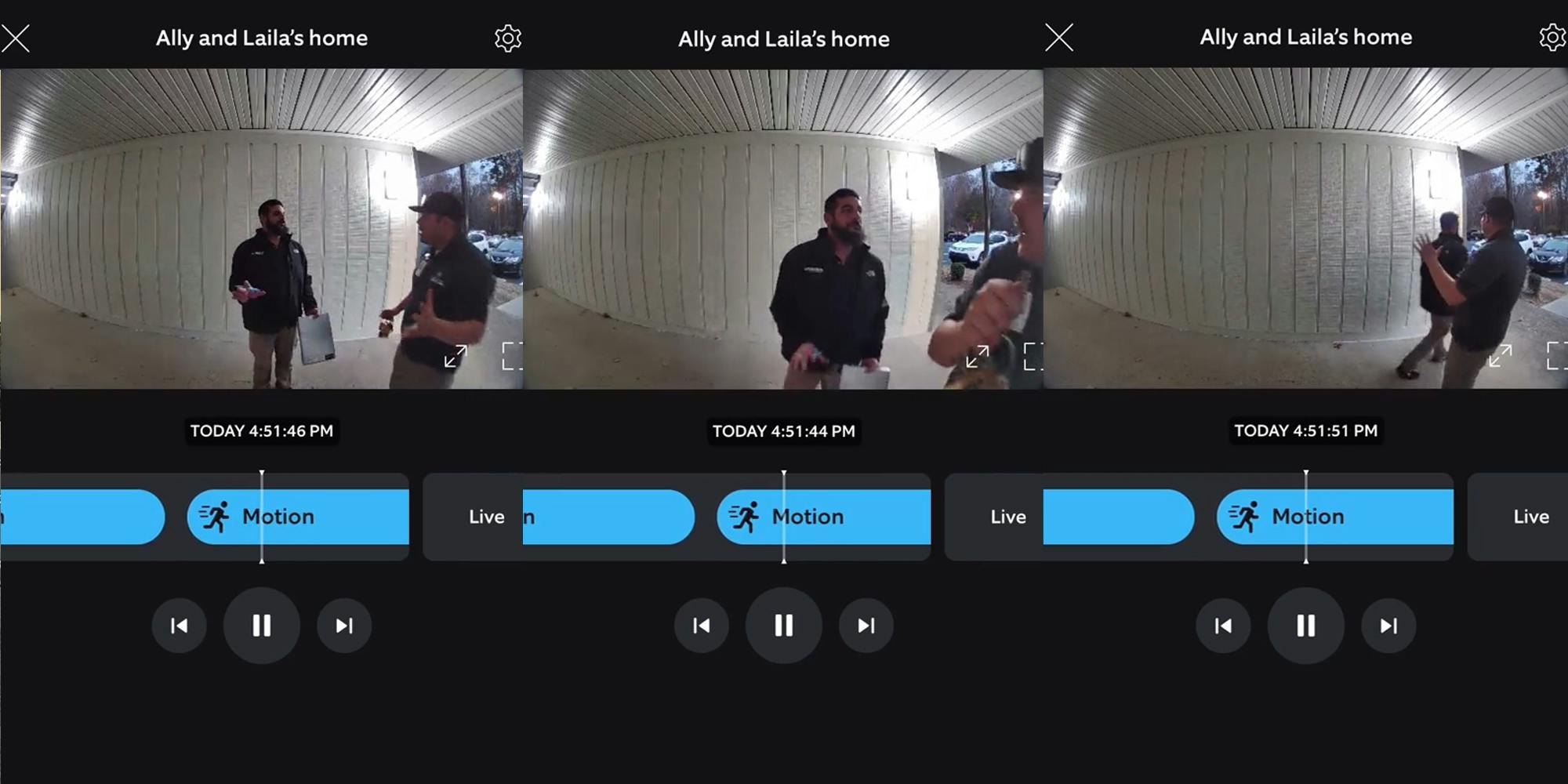 security footage on phone captioned "Ally and Laila's home" with maintenance men speaking to each other (l) security footage on phone captioned "Ally and Laila's home" with maintenance men speaking to each other (c) security footage on phone captioned "Ally and Laila's home" with maintenance men speaking to each other (r)