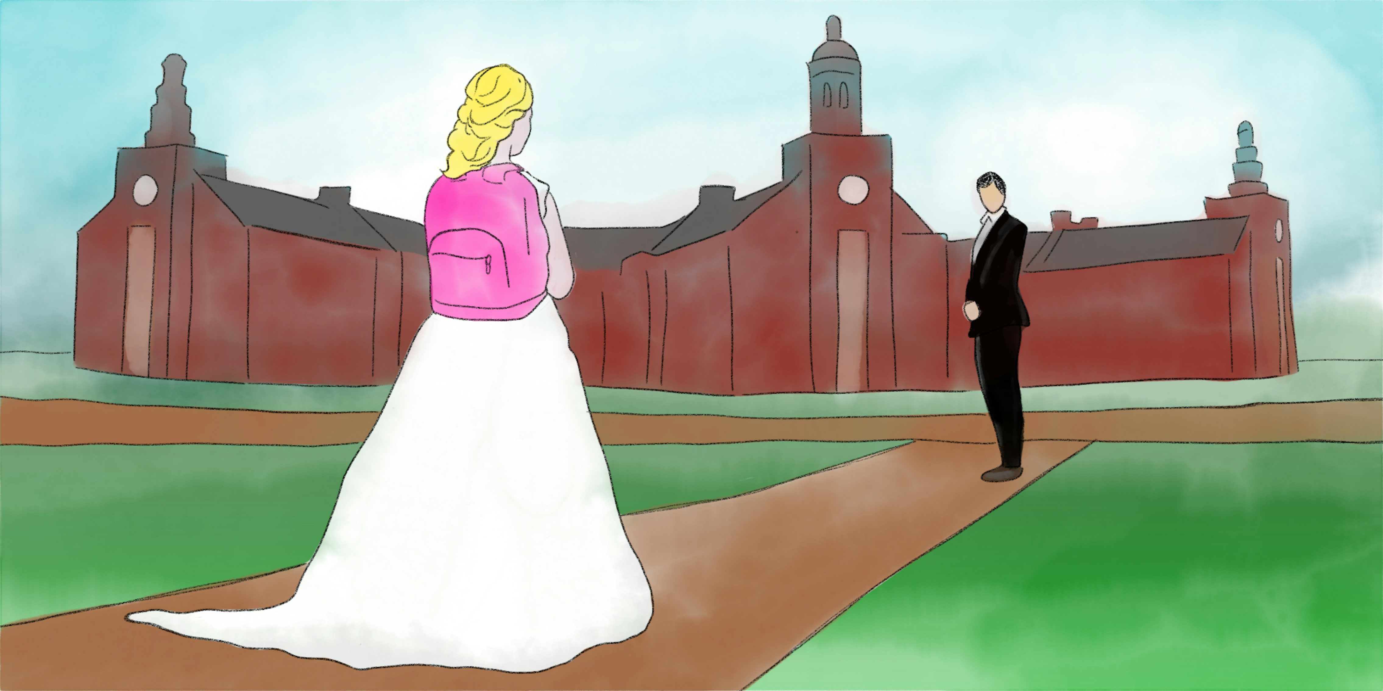 bride walking toward groom while wearing a backpack on college campus