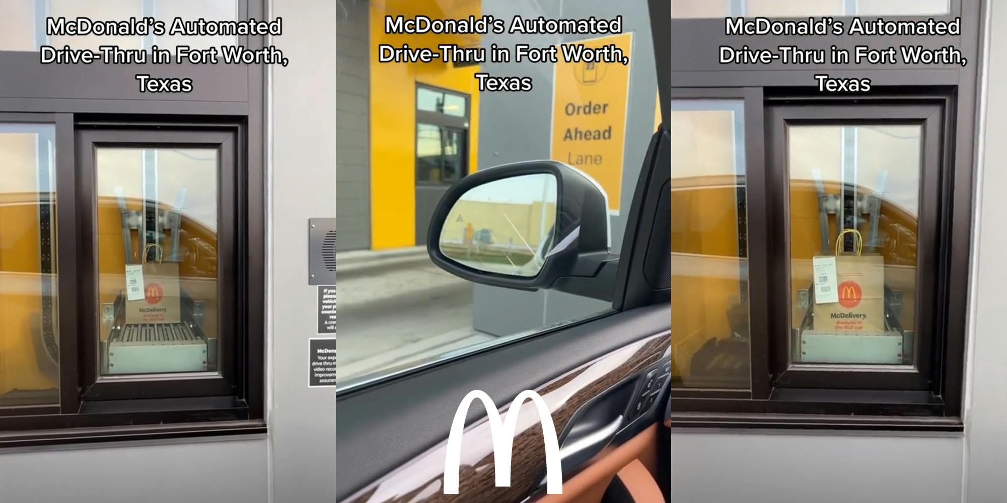 McDonald's drive thru window with bag on automated service with caption "McDonald's Automated Drive-Thru in Fort Worth Texas" (l) McDonald's drive thru with caption "McDonald's Automated Drive-Thru in Fort Worth Texas" and McDonald's M logo at bottom (c) McDonald's drive thru window with bag on automated service with caption "McDonald's Automated Drive-Thru in Fort Worth Texas" (r)