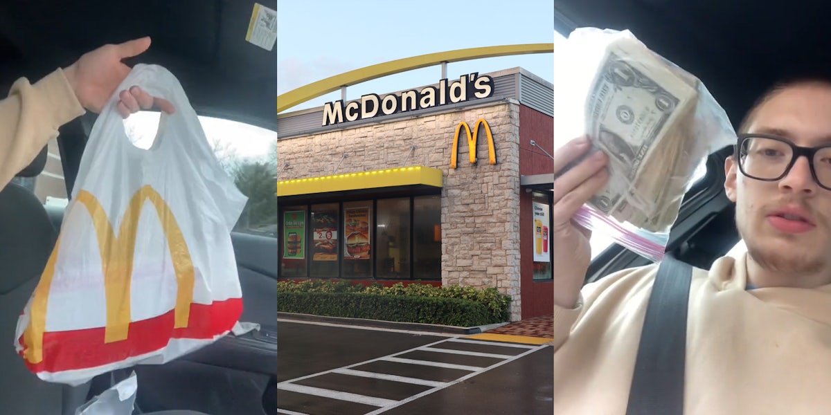 arm holding up McDonalds bag in car (l) McDonald's building with signs (c) man speaking in car holding sandwich bag of money (r)