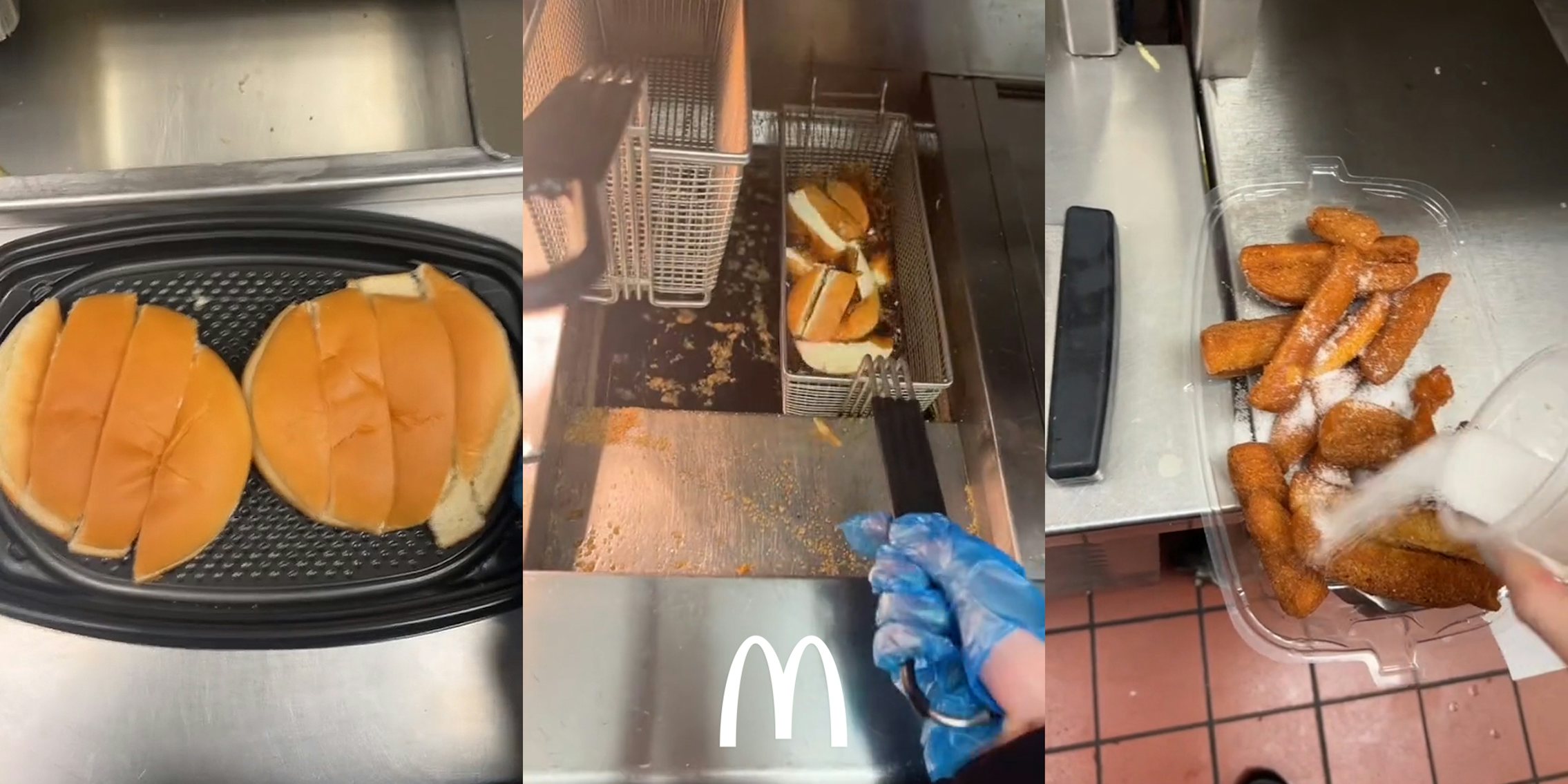 McDonald's buns cut in container (l) McDonald's employee putting cut buns into fryer with McDonald's logo at bottom (c) McDonald's employee shaking sugar on top of bun churros (r)