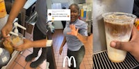 McDonald's employee making coffee pumping syrup into cup (l) McDonald's employee speaking with caption 