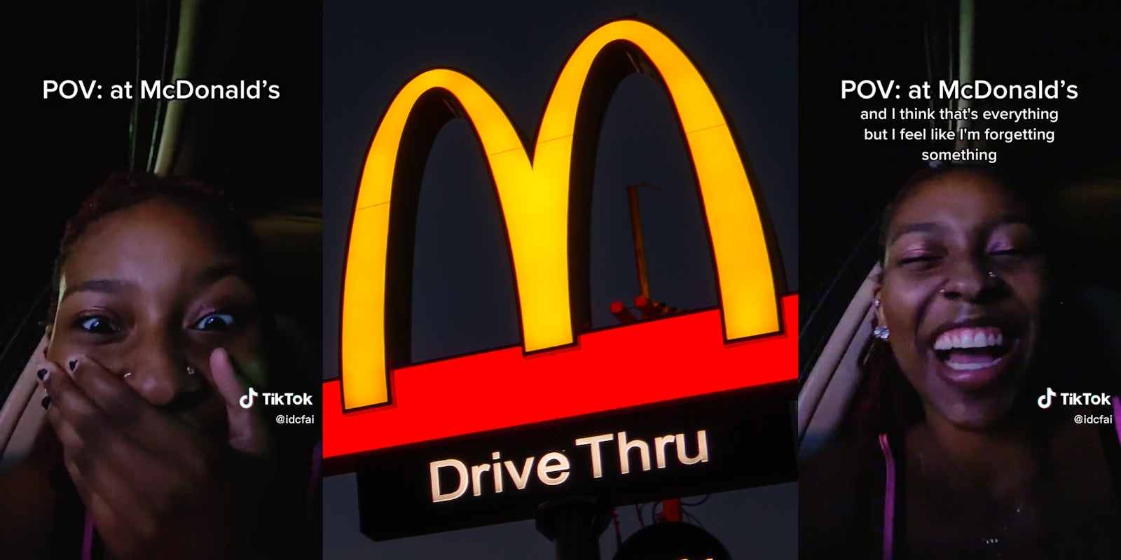 young woman in drive thru (l&r) McDonald's drive thru sign (c)