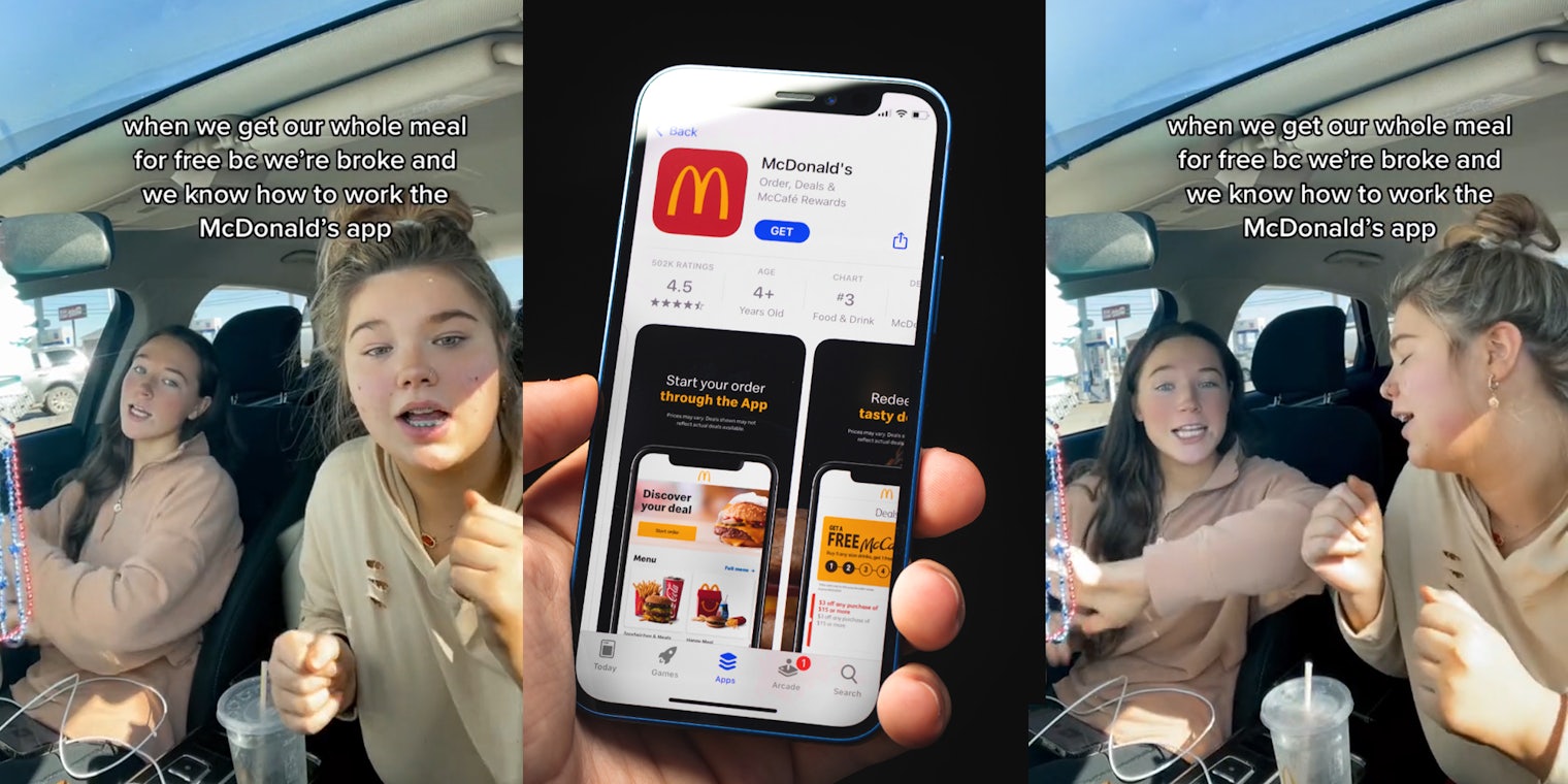 women in car dancing with caption 'when we get our whole meal for free bc we're broke and we know how to work the McDonald's app' (l) hand holding McDonald's app in appstore in front of black background (c) women in car dancing with caption 'when we get our whole meal for free bc we're broke and we know how to work the McDonald's app' (r)
