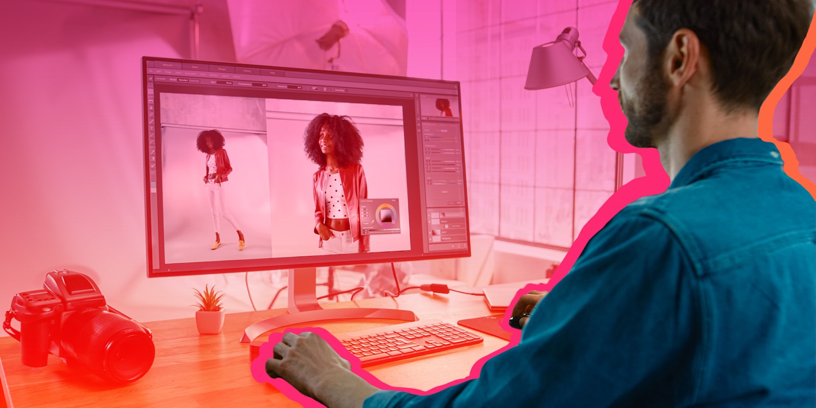 professional photographer working on photo with pink to orange vertical gradient background overlay Passionfruit Remix