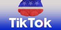 Republican elephant foot stepping on TikTok logo over white to blue vertical gradient background