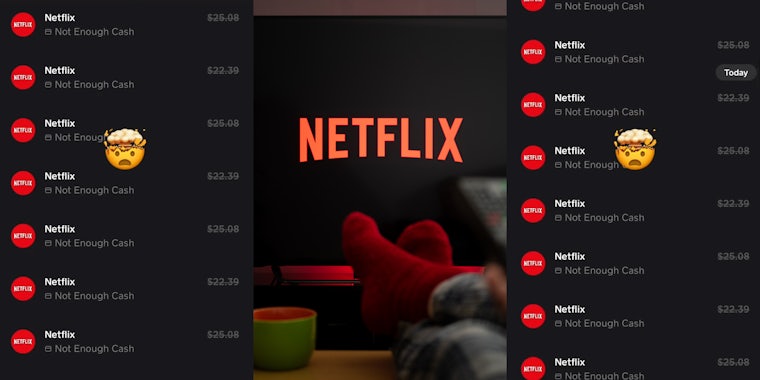 screen recording of Netflix charges with head explosion emoji as caption (l) Netflix on tv with person relaxing feet on coffee table holding remote (c) screen recording of Netflix charges with head explosion emoji as caption (r)