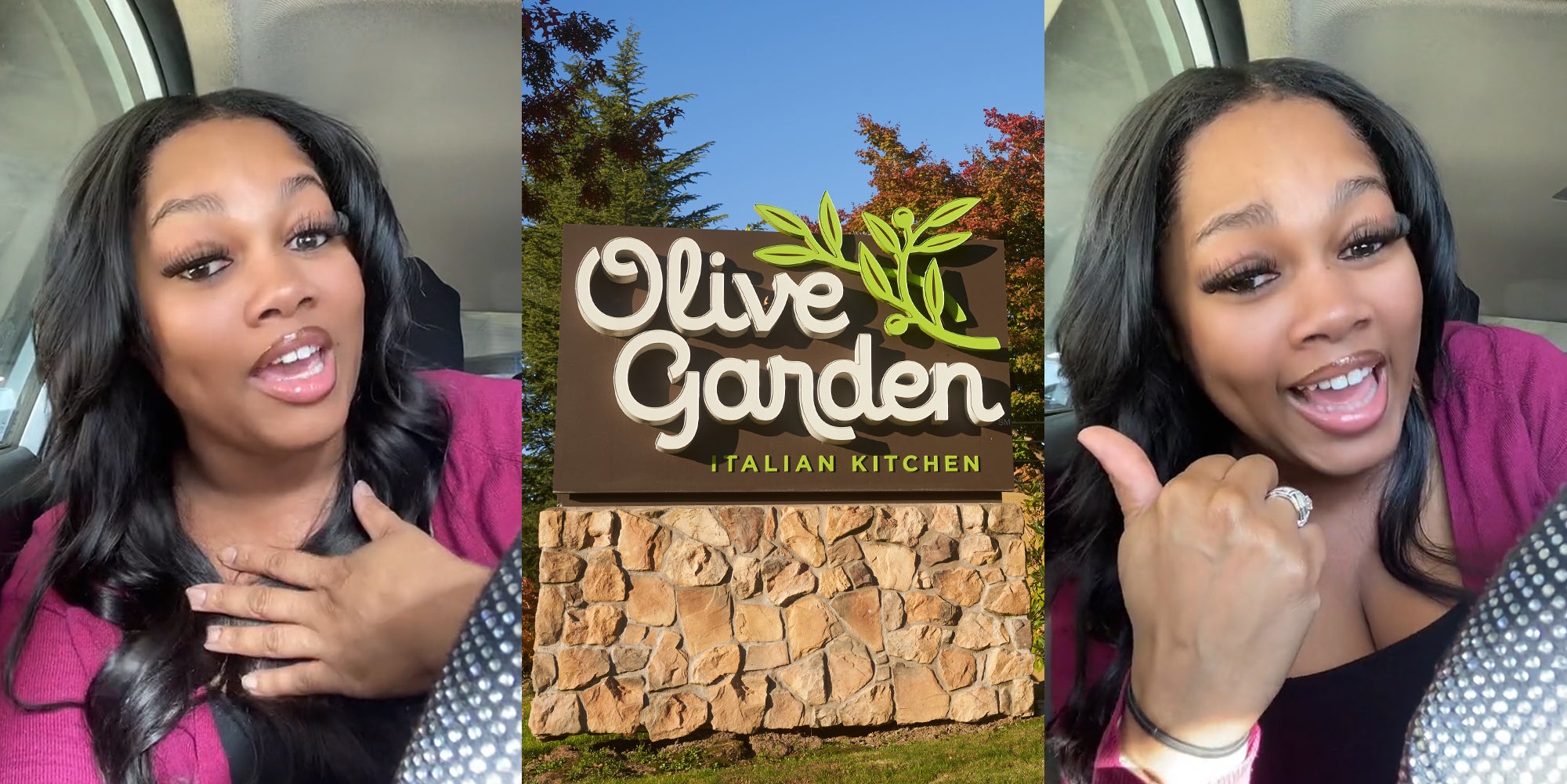 Olive Garden employee speaking in car (l) Olive Garden sign outside (c) Olive Garden employee speaking in car with thumb pointing left (r)