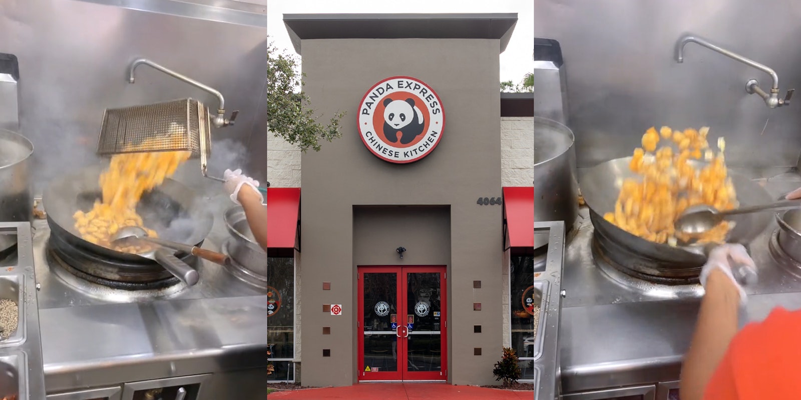 Panda Express worker dumping chicken and peppers into hot wok (l) Panda Express building with sign (c) Panda Express worker using wok to cook sweet fire chicken (r)