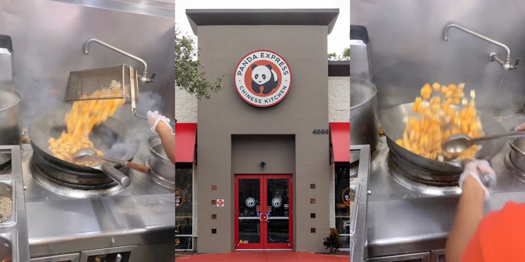 Panda Express worker dumping chicken and peppers into hot wok (l) Panda Express building with sign (c) Panda Express worker using wok to cook sweet fire chicken (r)