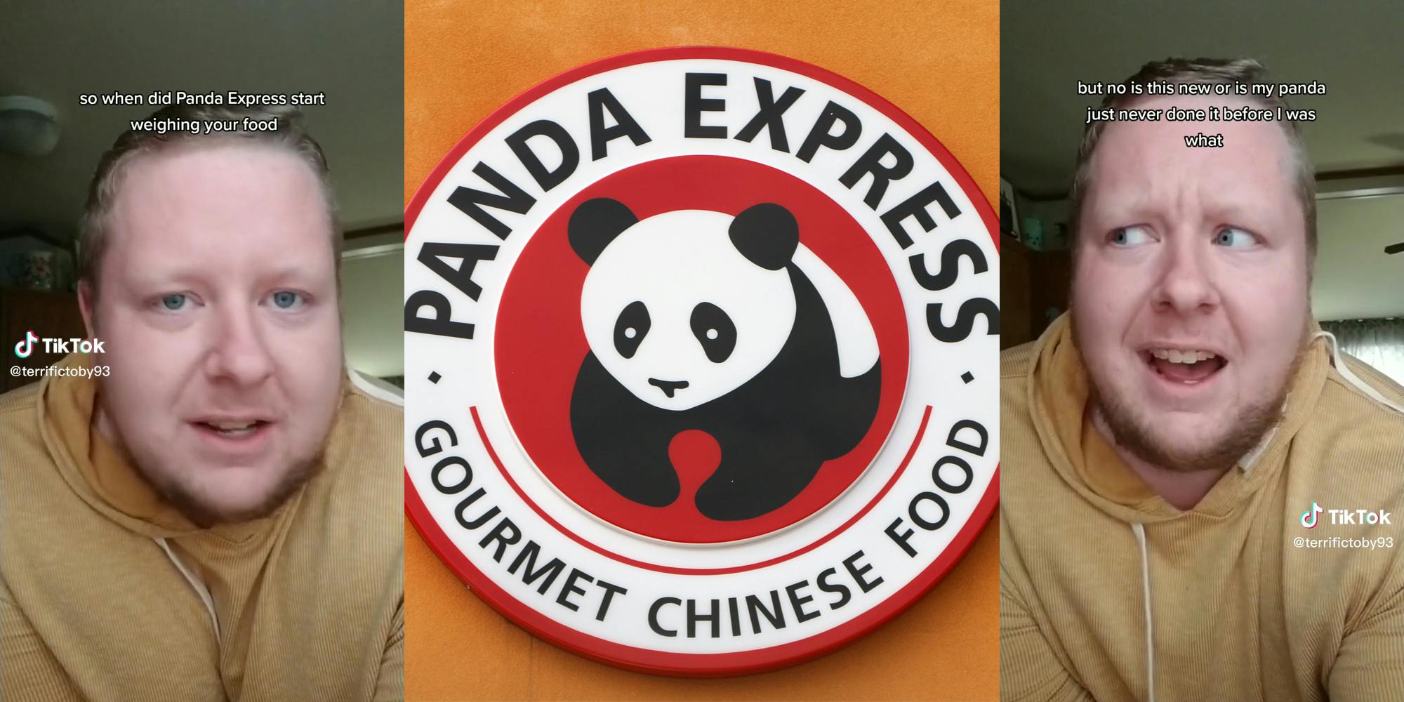 man with caption "so when did Panda Express start weighing your food" and "but no is this new or is my panda just never done it before I was what" (l&r) Panda Express sign (c)