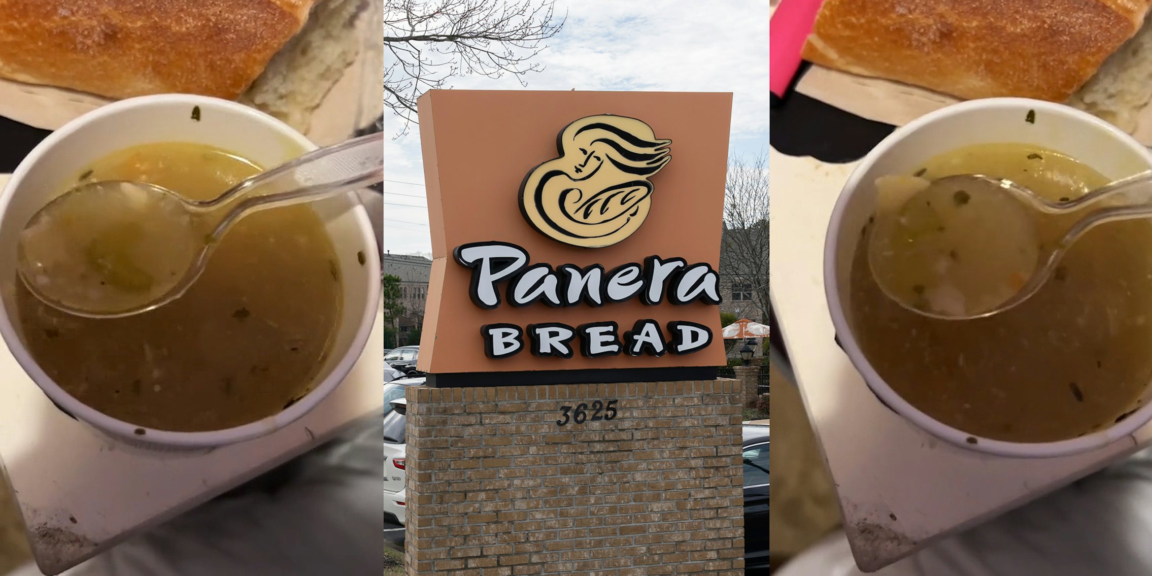 Panera's chicken noodle soup with mostly broth (l) Panera Bread sign outside (c) Panera's chicken noodle soup with mostly broth (r)