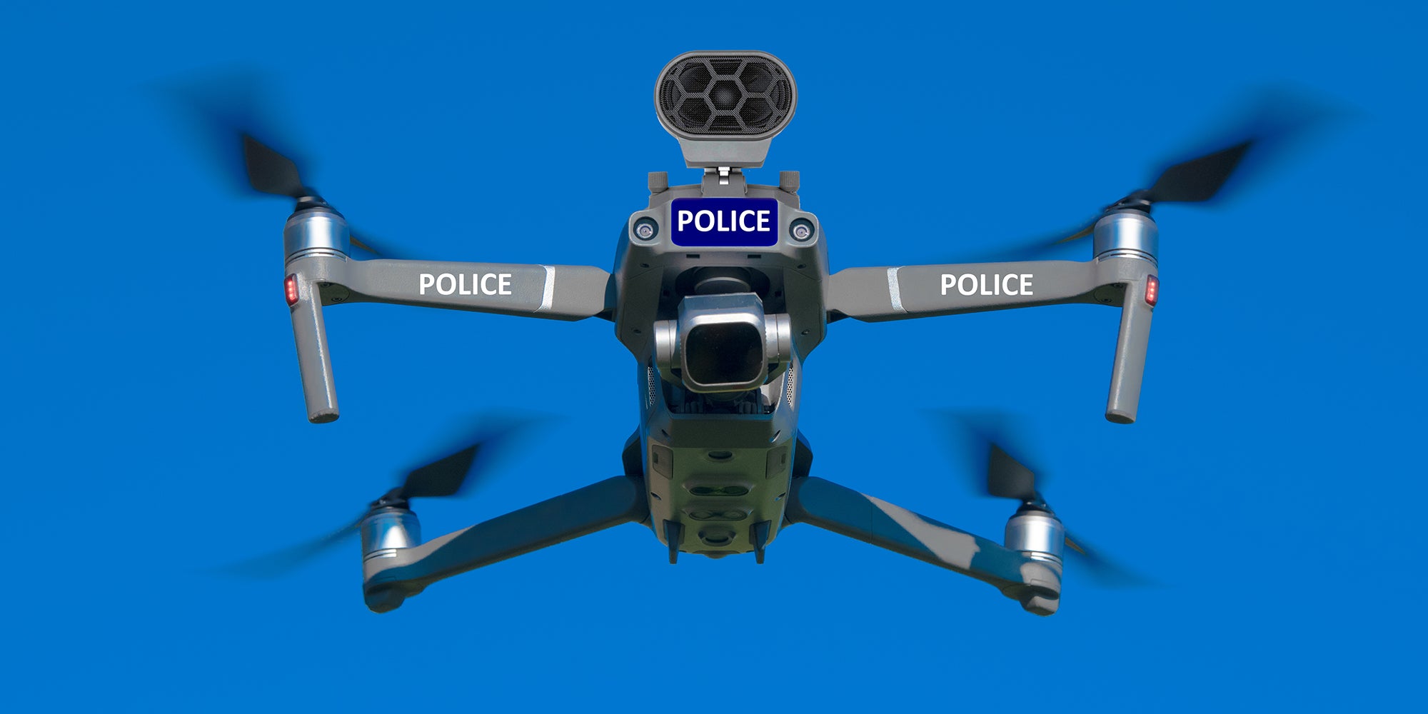 Police unmanned aircraft system, Drone flying, blue sky background
