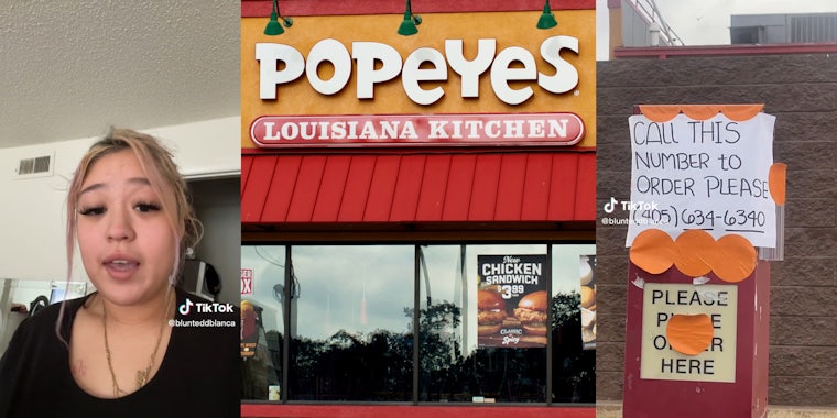 young woman (l) Popeye's Louisiana Kitchen (c) drive thru speaker with sign taped to it that reads 'Call this number to order please (405) 634-6340 (r)
