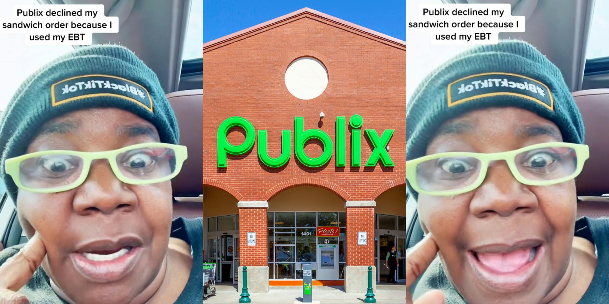 person speaking in car with caption "Publix declined my sandwich order because I used my EBT" (l) Publix sign on building (c) person speaking in car with caption "Publix declined my sandwich order because I used my EBT" (r)