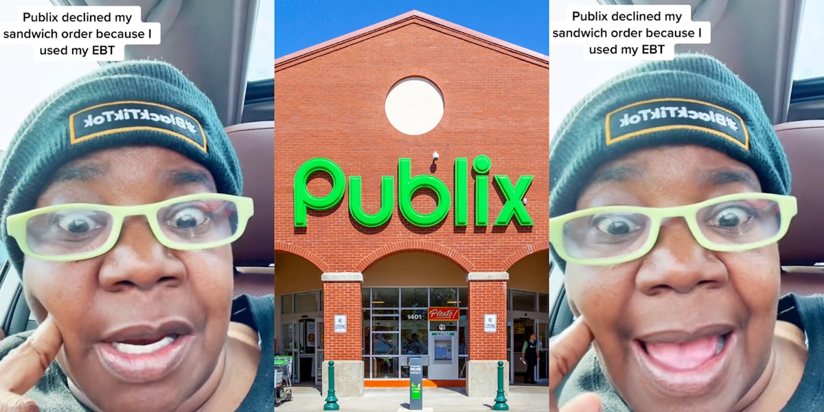 person speaking in car with caption 'Publix declined my sandwich order because I used my EBT' (l) Publix sign on building (c) person speaking in car with caption 'Publix declined my sandwich order because I used my EBT' (r)
