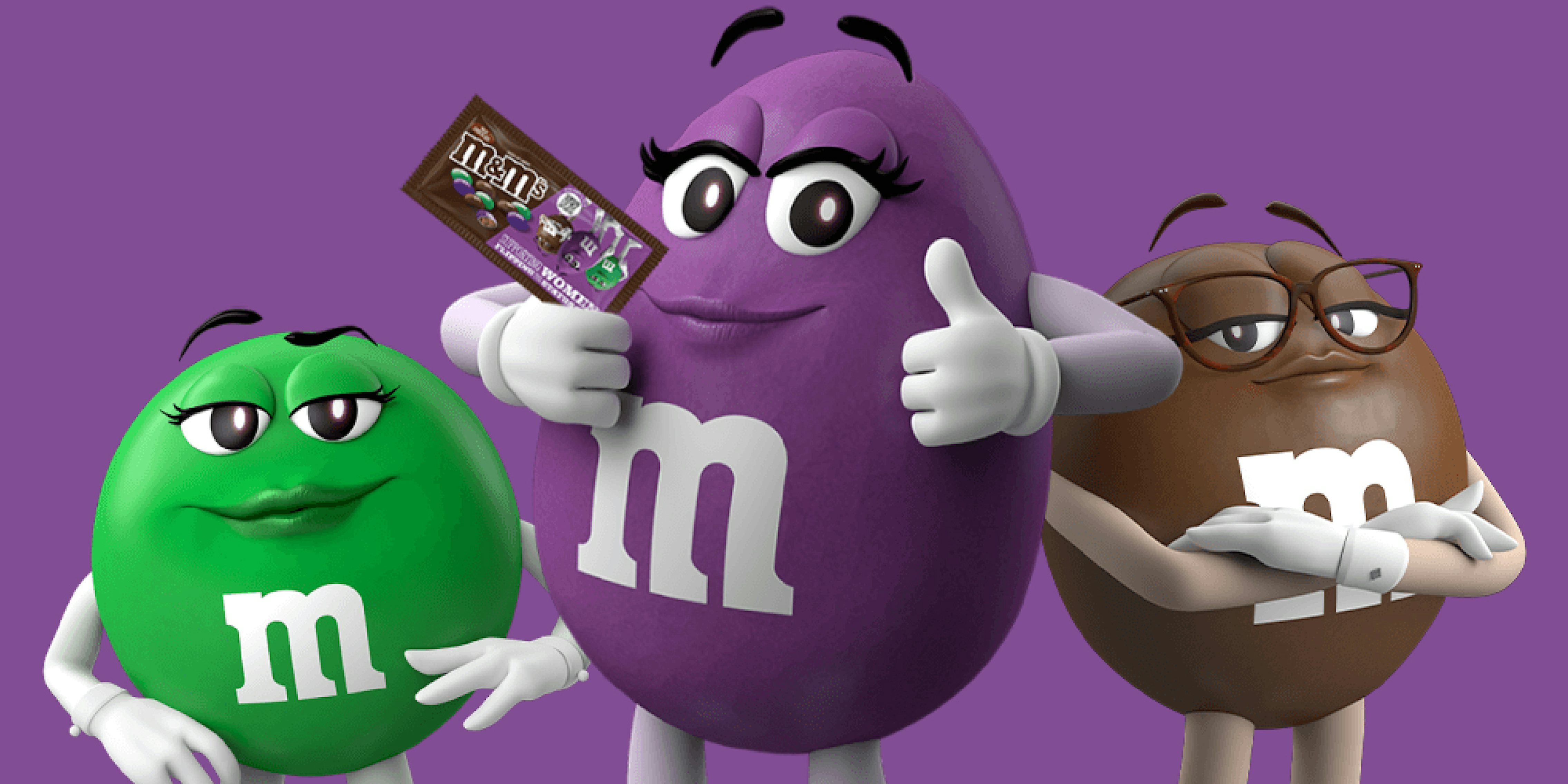 green, purple, and brown m&m's