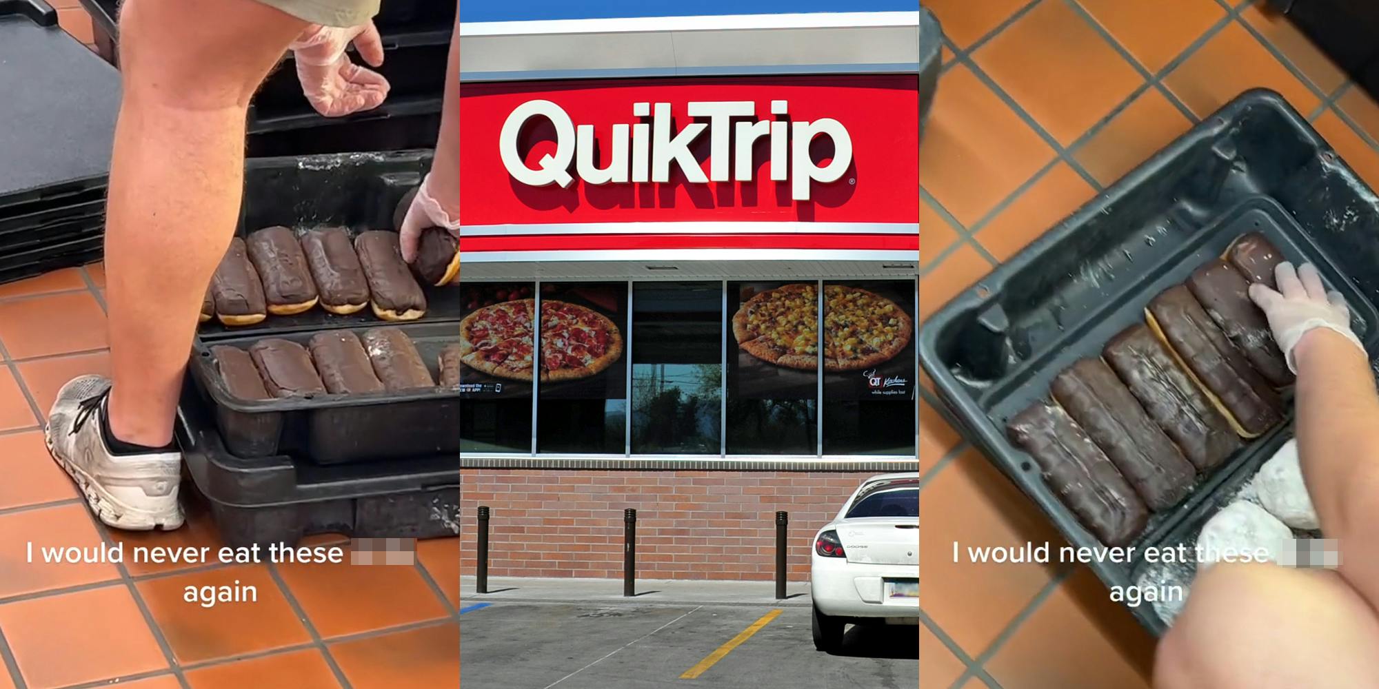 man with gloves on taking donuts out of black bin with caption "I would never eat these blank again" (l) QuikTrip building with sign and parking lot (c) man with gloves on taking donuts out of black bin with caption "I would never eat these blank again" (r)