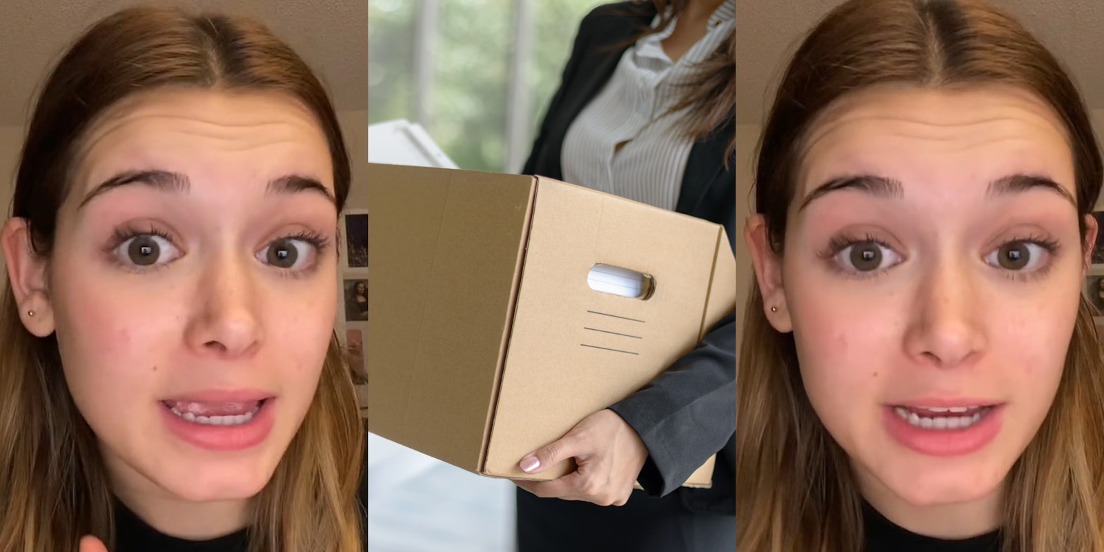 woman speaking (l) woman holding belongings packed into box, quitting job concept (c) woman speaking (r)