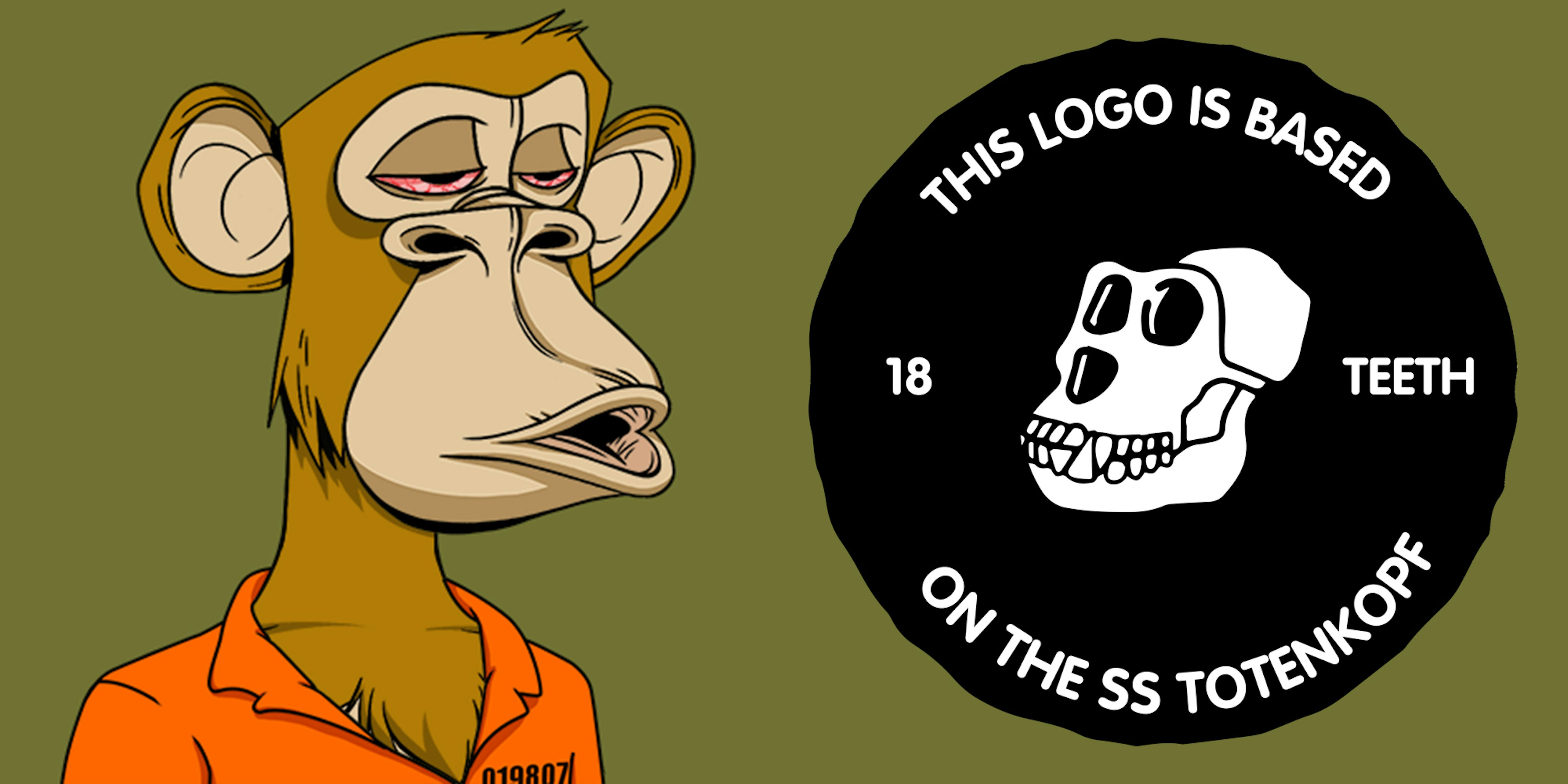 ape with bloodshot eyes in prison uniform with logo