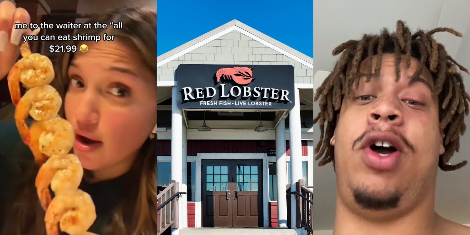 customer at Red Lobster holding shrimp caption 'me to the waiter at the 'all you can eat shrimp for $21.99' (l) Red Lobster sign over doorway on building (c) former Red Lobster waiter speaking (r)