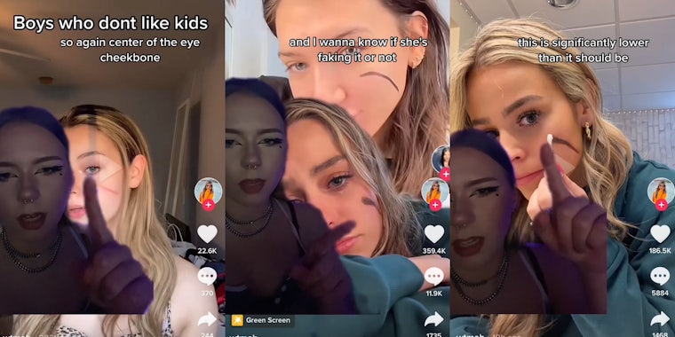 woman greenscreen TikTok over another woman's TikTok with caption 'Boys who dont like kids' 'so again center of the eye cheekbone' (l) woman greenscreen TikTok over another woman's TikTok with caption 'and I wanna know if she's faking it or not' (c) woman greenscreen TikTok over another woman's TikTok with caption 'this is significantly lower than it should be' (r)