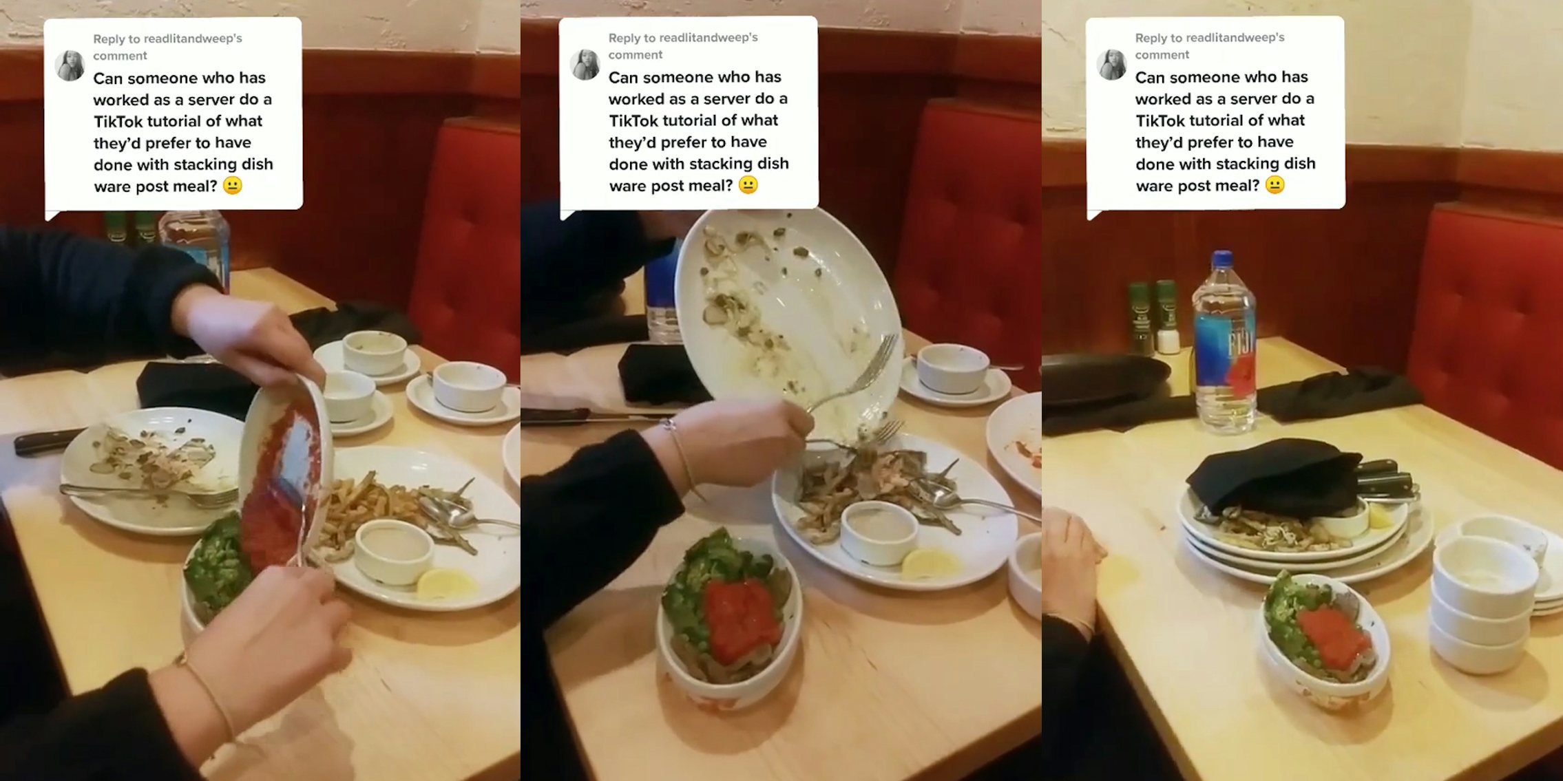 person scraping food from one dish into another at table with caption 'Can someone who has worked as a server do a TikTok tutorial of what they'd prefer to have done with stacking dish ware post meal?' (l) person scraping food from one dish into another at table with caption 'Can someone who has worked as a server do a TikTok tutorial of what they'd prefer to have done with stacking dish ware post meal?' (c) post meal dishes stacked neatly at table with caption 'Can someone who has worked as a server do a TikTok tutorial of what they'd prefer to have done with stacking dish ware post meal?' (r)